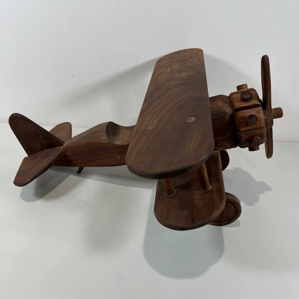 Vtg Wood Biplane Model Airplane Handcrafted Wood Decor Aviator MCM Collectible